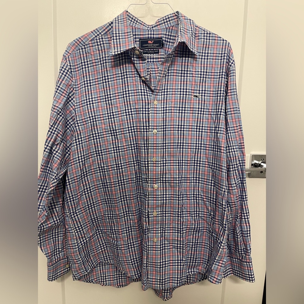 Vineyard Vines Men's Casual Blue and Pink Plaid Shirt